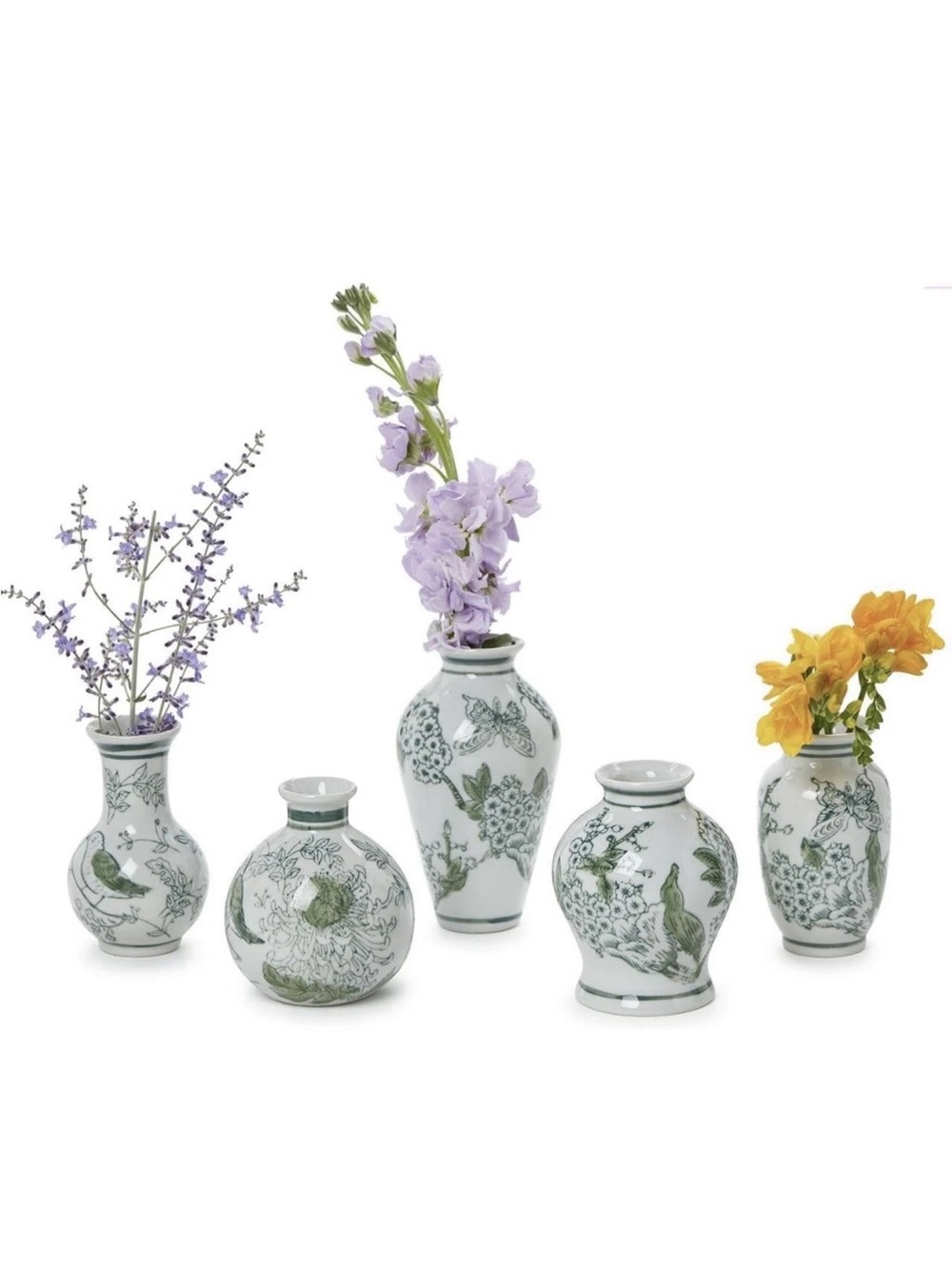 Set of 5 White and Green Porcelain Bud Vases
